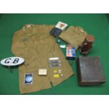 Mixed lot to include: WD 1953 two gallon can, leather gauntlets, AA GB plaque, boxed leather cased