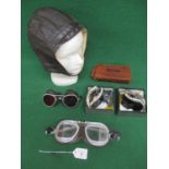 Leather helmet, four pairs of driving goggles and a empty box for Willson (USA) goggles Please
