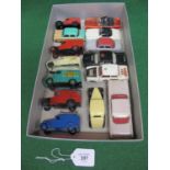 Box of fourteen loose playworn Dinky cars and vans to include: Hartley Jam van (no rear wheels),