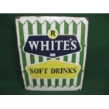 Enamel advertising sign for R Whites Soft Drinks, white and black letters on a blue, yellow, green