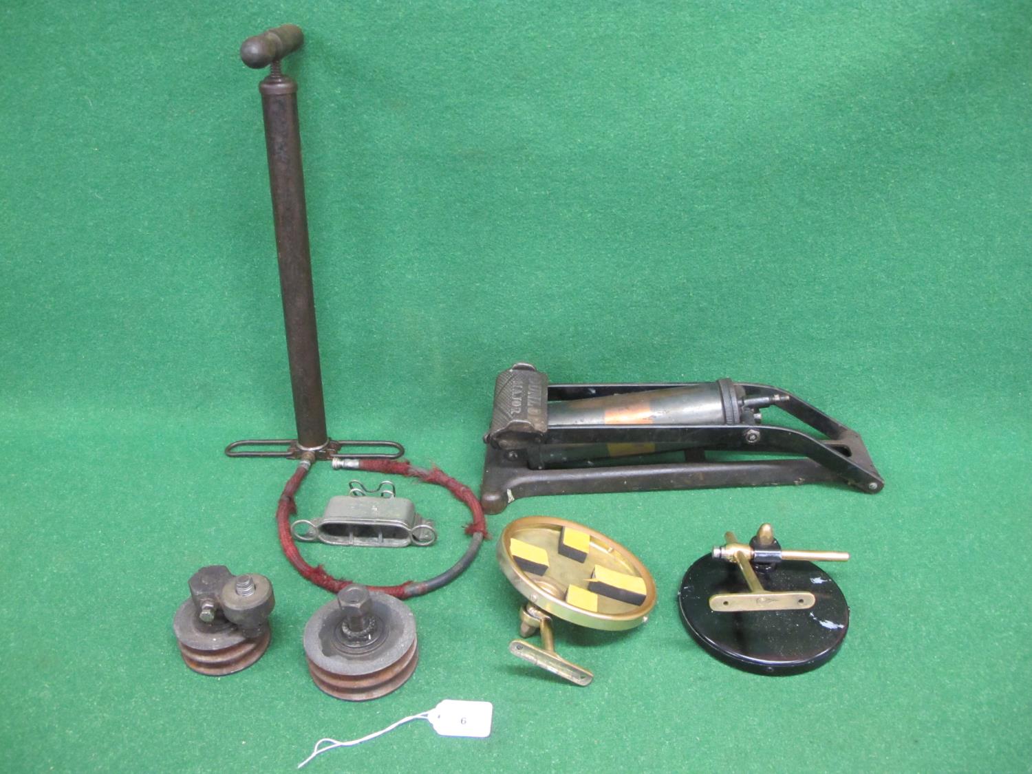 Large Dunlop Major foot pump, nickel ashtray, two Desmo adjustable commercial vehicle mirrors,