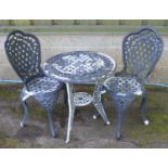 Aluminium patio table and two chairs Please note descriptions are not condition reports, please