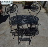 Black painted patio table and two chairs Please note descriptions are not condition reports,