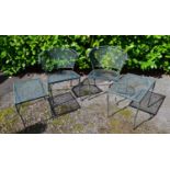 Pair of green painted metal garden chairs with matching drinks tables Please note descriptions are