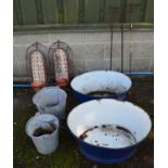 Quantity of metalware to include a pair of wall planters, two buckets and two enamel tubs etc Please