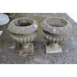 Pair of weathered garden urns - 16" tall Please note descriptions are not condition reports,