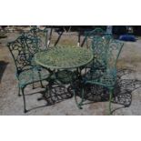 A green painted aluminium garden table and four chairs Please note descriptions are not condition