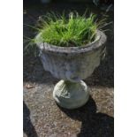 Single garden urn decorated with lions faces - 25" tall Please note descriptions are not condition