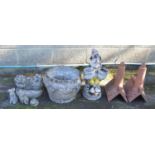 Quantity of small garden ornaments together with planter, gnome and pair of roof finials Please note