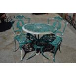 Green painted aluminium patio table and two chairs Please note descriptions are not condition