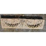 Three piece terracotta style wall frieze, decorated with swags of fruit and green man. One piece -