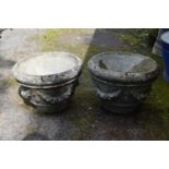 A pair of weathered circular planters decorated with swags - 14" tall Please note descriptions are