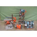 Hegner fretsaw, two bench grinders, pillar drill and pillar drill stand Please note descriptions are