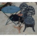 Metal garden table, two chairs and a tripod table base Please note descriptions are not condition