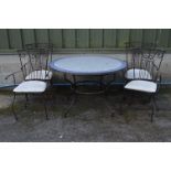 Mosaic top garden table - 47" dia and four metal elbow chairs Please note descriptions are not