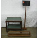 Mid century serving trolley, standard lamp and wall shelf Please note descriptions are not condition