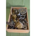 Box of metalware to include: brass kettle, horn and pair of candlesticks etc Please note