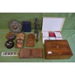 Box of sundry items to include: rosewood box, bronze figure, bookends, gong and flat iron etc Please