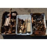 Three boxes of wood working tools to include wood planes together with gun cleaning rods Please note