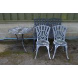 Aluminium patio table, two chairs and a matching bench Please note descriptions are not condition