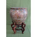 Large 20th century Chinese foliate decorated jardiniere on wooden scrolled stand - 27" tall Please