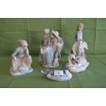 Group of five porcelain figures to comprise: one Royal Copenhagen duck and one swan, Lladro figure