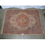 Orange, cream and blue all over patterned rug with tassels - 1.90m x 1.38m Please note