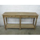 Oak two drawer side table - 59" wide Please note descriptions are not condition reports, please