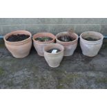 Group of five terracotta plant pots - largest 13.75" Please note descriptions are not condition