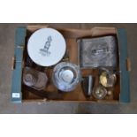 Box of metalware to include: silver plated butter dish, scales and flat iron etc Please note