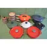 Group of twelve Le Creuset, Denby, Pyrex and other metal cooking pans Please note descriptions are