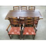 Oak dining room suite to comprise: dresser - 60" wide, drawleaf refectory table - 36.25" wide x 71.