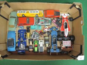 Box of approx twenty three loose diecast and plastic vehicles from Polistil, Matchbox, Corgi,