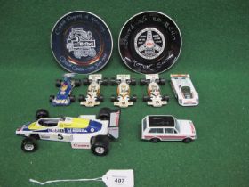 Five loose diecast racing cars from Corgi and Burago, a Team Castrol Racing & Rally Service Range