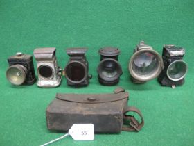 Six old cycle lamps to comprise: two oil front, two oil rear, one battery front and one Lucas