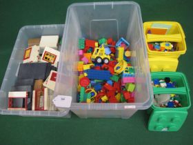 Crate of Playmobil items, crate of Lego Duplo and two Lego carry buckets of Lego including figures