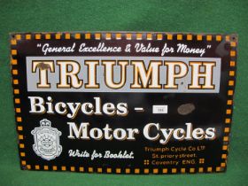 Enamel advertising sign for Triumph Bicycles - Motorcycles. Write For Booklet. Triumph Cycle Co Ltd,