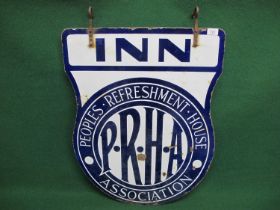 Double sided enamel hanging sign for a PRHA Peoples Refreshment House Association Inn, white or blue