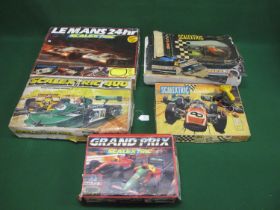 Five playworn Scalextric sets containing various parts, eleven cars and a Mini Models transformer