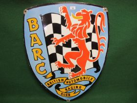 Shield shaped enamel sign for BARC British Automobile Racing Club with chequered flag and lion, in