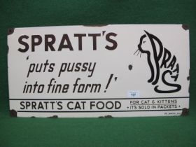 Enamel advertising sign for Spratt's Cat Food For Cat & Kittens. It's Sold In Packets. Puts Pussy