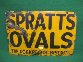 Enamel advertising sign for Spratt's Ovals, The Pocket Dog Biscuits, black letters on an orange