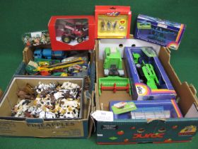 Two boxes of loose farm vehicles, animals, figures and accessories together with some boxed items