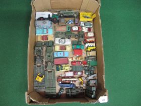 Box of approx fifty playworn diecast vehicles from Corgi, Dinky, Lesney, Husky, Matchbox and Safir