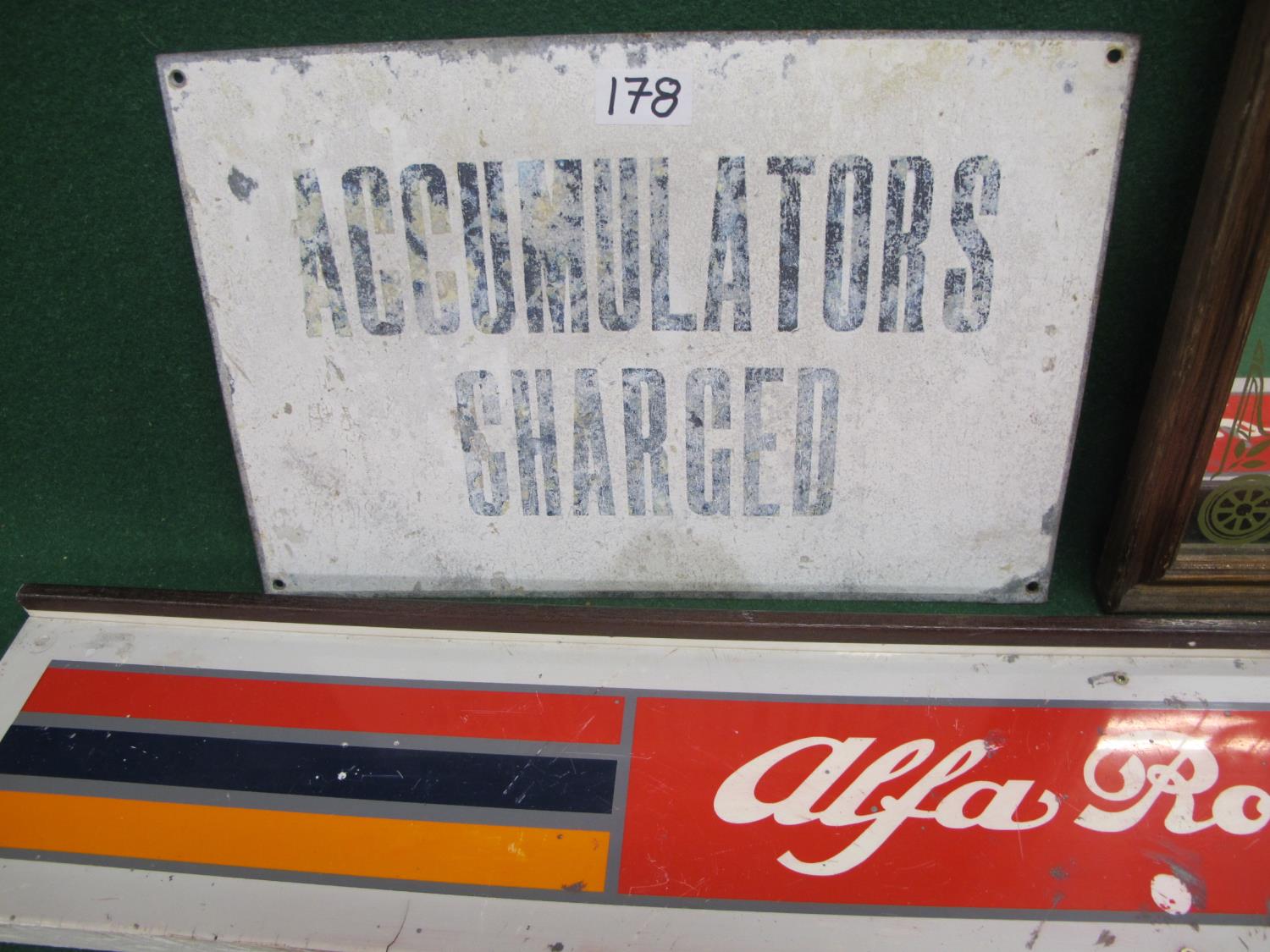 Galvanised sign Accumulators Charged - 15.25" x 10.25", plastic sign for Alfa Romeo - 39.25" x 6" - Image 2 of 3