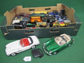 Box of loose diecast and plastic model vehicles in various scales from Burago, Revell, Corgi, Days