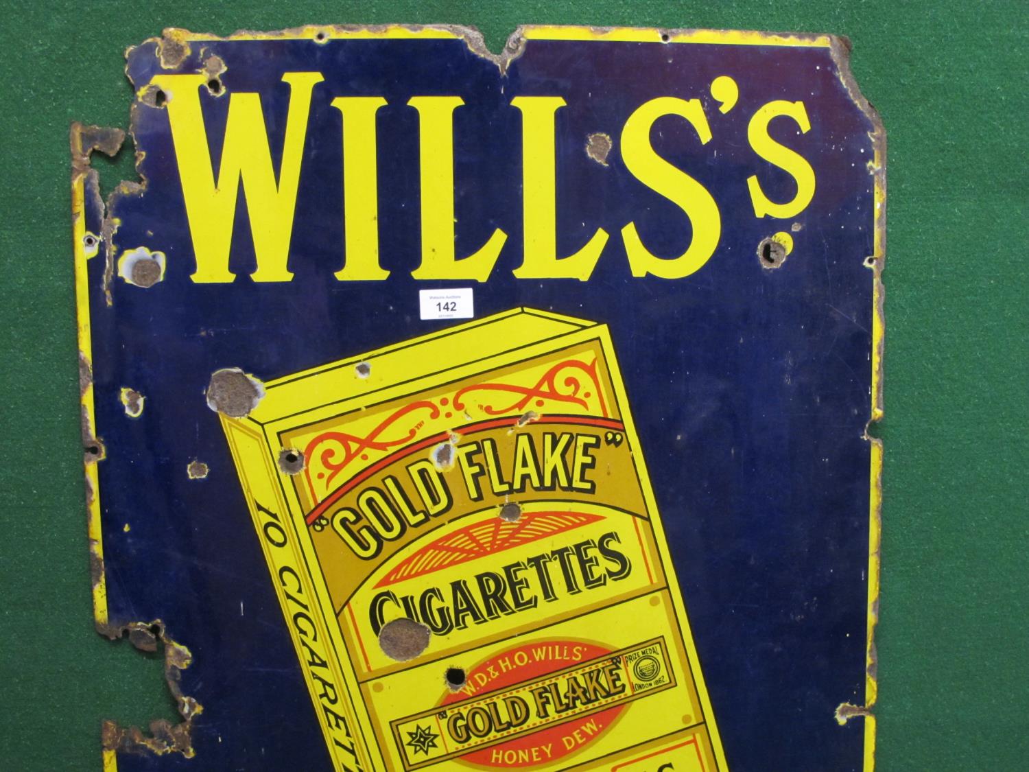 Enamel sign for Wills's Cigarettes Sold Here featuring a packet of Gold Flake Honeydew. Yellow, - Image 3 of 4