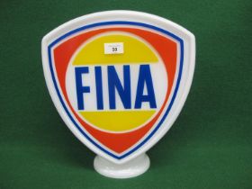 Shield shaped reproduction white glass pump top globe for Fina. Blue letters with yellow, red and