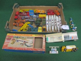 Box of diecast vehicles and ships from: Corgi, Matchbox, Triang Minic, Dinky and Joal, loose and