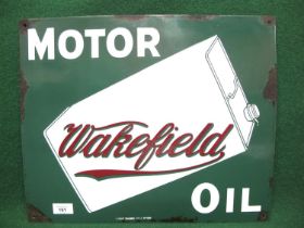 Enamel advertising sign for Wakefield Motor Oil featuring a tilted can, white and red letters on a